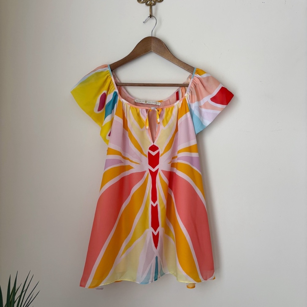 Marie Oliver Vibrant Butterfly Print Tie Neck Blouse Small
